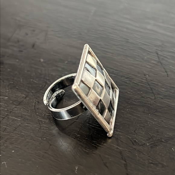 925 Sterling silver square statement ring checkered pattern adjustable vintage - Picture 3 of 5